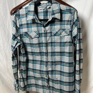 L.L. Bean Plaid Flannel‎ Shirt Womens L Reg Blue Cozy Button Up Stretch